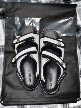 CHANEL Black and White Velcro Strap Sport Sandals with Gold CC